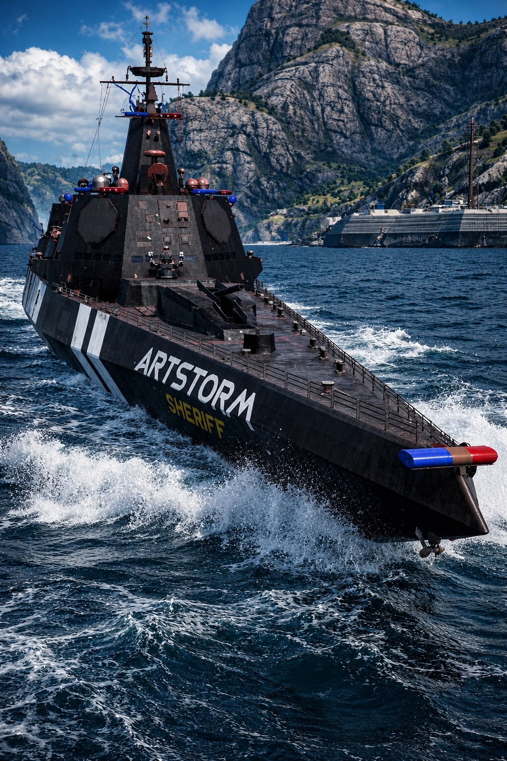 Dark sheriff warship cutting through waves